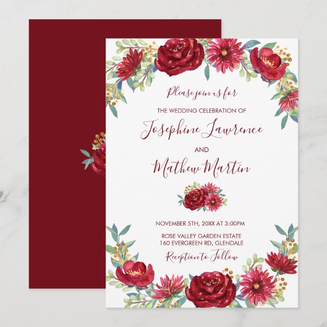 Burgundy Eucalyptus Watercolor Floral Fall Wedding Invitation (Front/Back)