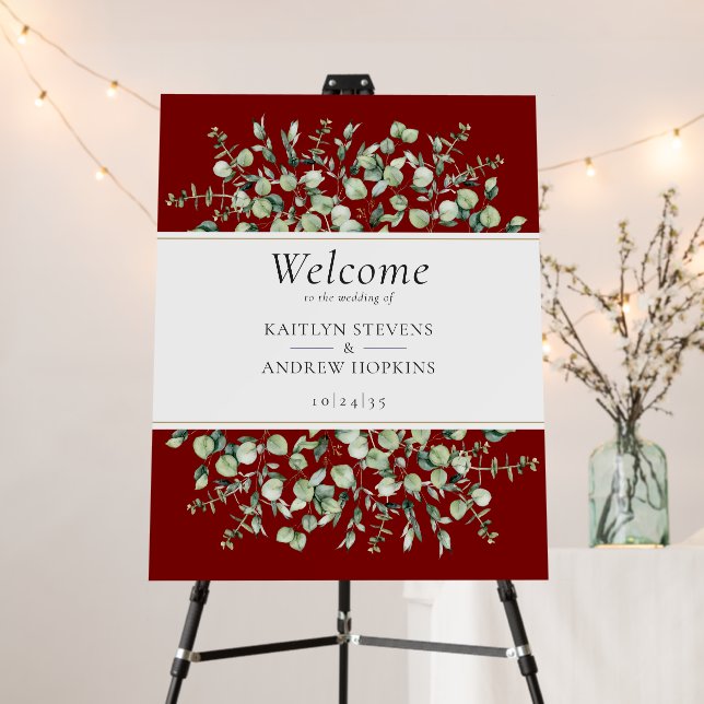 Burgundy Eucalyptus Wedding Welcome Sign  (In Situ (Stand))