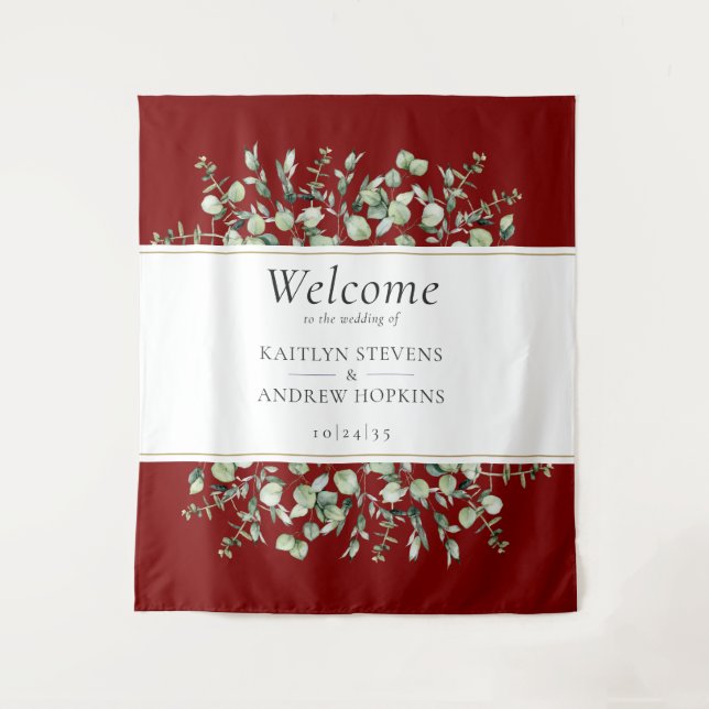 Burgundy Eucalyptus Wedding Welcome  Tapestry (Front)