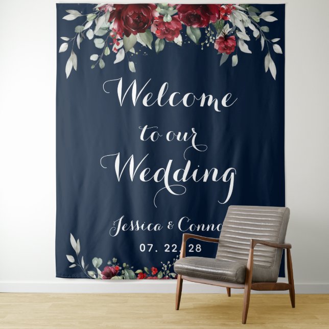 Burgundy Eucalyptus Welcome To Our Wedding Navy Tapestry (In Situ)