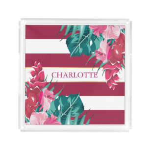 Burgundy Exotic Flowers Monogram striped Acrylic Tray