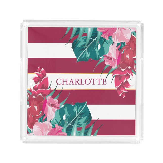 Burgundy Exotic Flowers Monogram striped Acrylic Tray (Front)