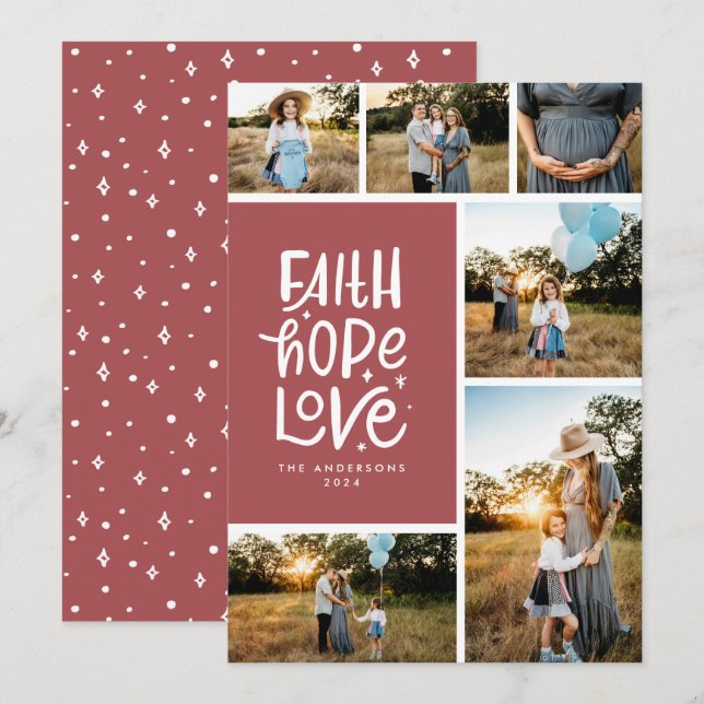 Burgundy faith hope love multiple Photo Holiday Card (Front/Back)