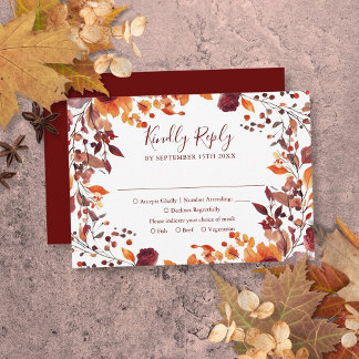 Burgundy Fall Autumn Leaves Floral Wedding RSVP Card