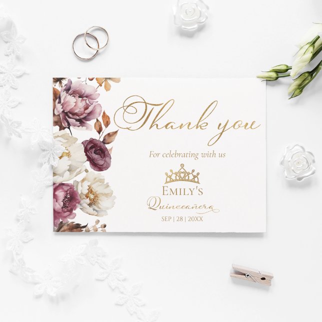 Burgundy Fall Autumn Quinceanera Thank You Card (Creator Uploaded)