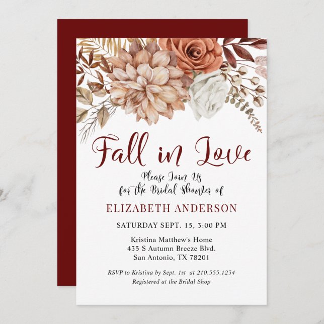 Burgundy Fall Boho Floral Bridal Shower Invitation (Front/Back)