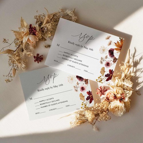 Burgundy Fall Boho Floral Wedding RSVP Card