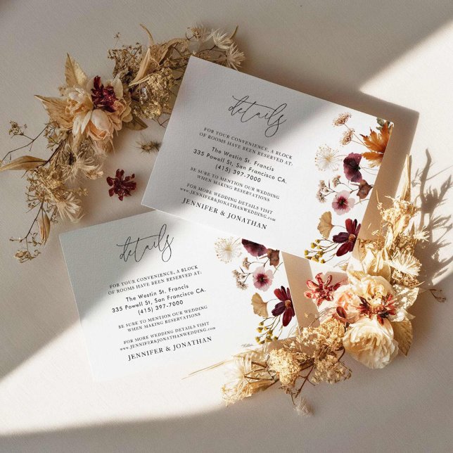 Burgundy Fall Botanical Wedding Details Enclosure Card (Fall Burgundy Floral Wedding Details Card)