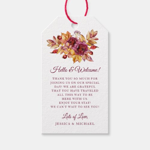 Burgundy Fall Bouquet Elegant Wedding Welcome Gift Tags