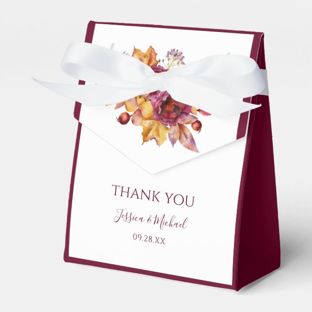 Burgundy Fall Bouquet Leaves Elegant Wedding Favor Boxes (Front Side)