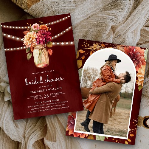 Burgundy Fall Dahlia Mason Jar Photo Bridal Shower Invitation