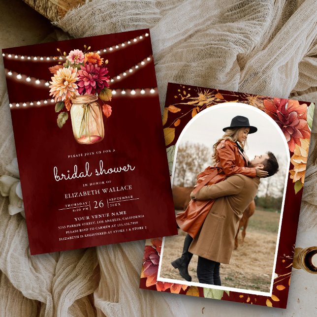 Burgundy Fall Dahlia Mason Jar Photo Bridal Shower Invitation (Creator Uploaded)