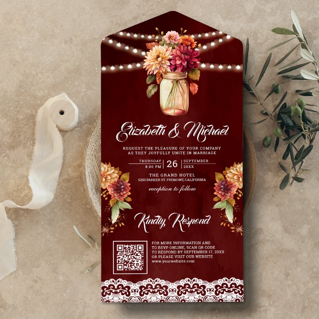 Burgundy Fall Dahlia Mason Jar QR Code Wedding All In One Invitation (Creator Uploaded)
