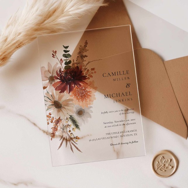 Burgundy Fall Floral Acrylic Wedding Invitation (Elegant Acrylic Fall Burgundy Acrylic Wedding Invitation)