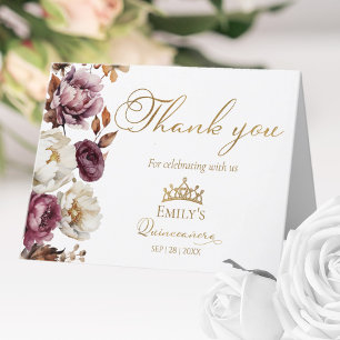 Burgundy Fall Floral Autumn Quinceanera Letterpress Thank You Card