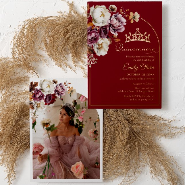 Burgundy Fall Floral Autumn Quinceanera Photo Real Foil Invitation (Creator Uploaded)
