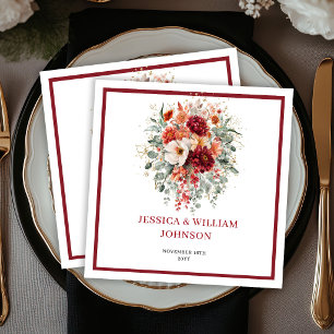 Burgundy Fall Floral Boho Eucalyptus Wedding Napkins
