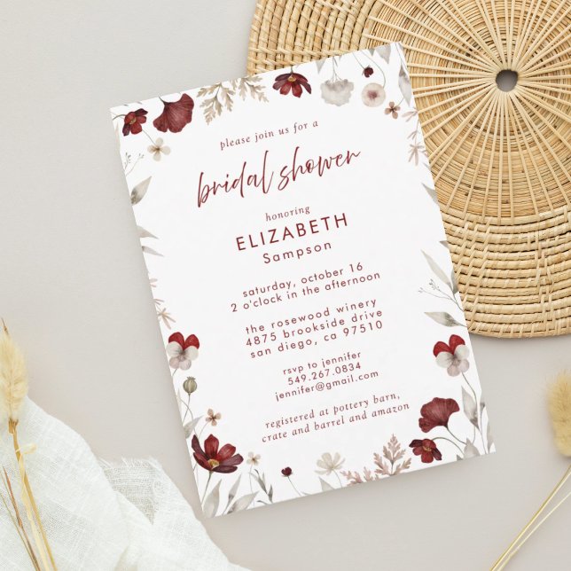 Burgundy Fall Floral Botanical Bridal Shower Invitation (Creator Uploaded)