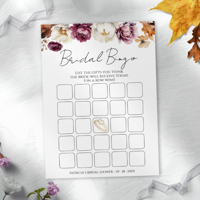 Burgundy Fall Floral bridal shower bingo game card (Creator Uploaded)