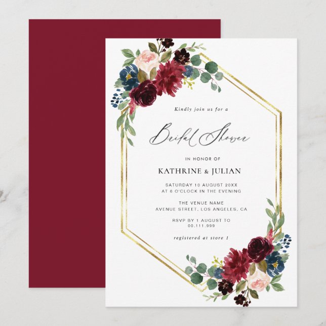 burgundy fall floral bridal shower invitation (Front/Back)