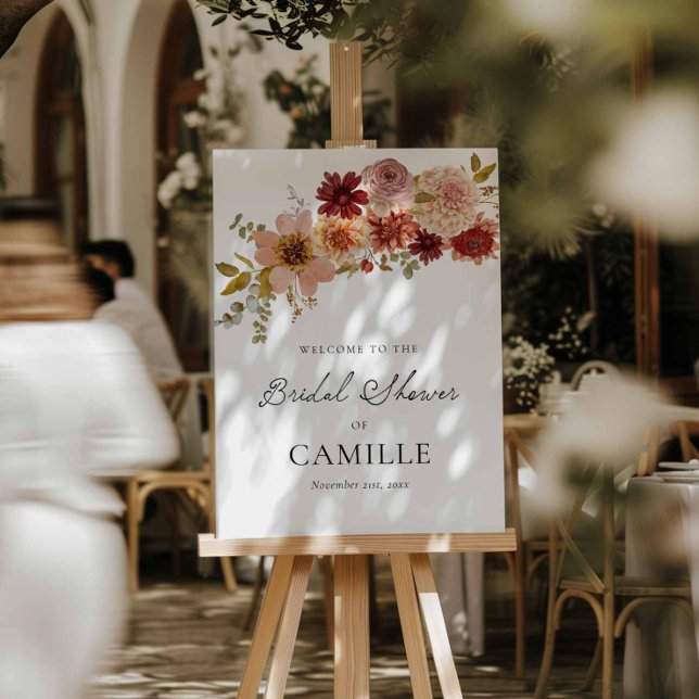 Burgundy Fall Floral Bridal Shower Welcome Sign (Fall Floral Bridal Shower Welcome sign)