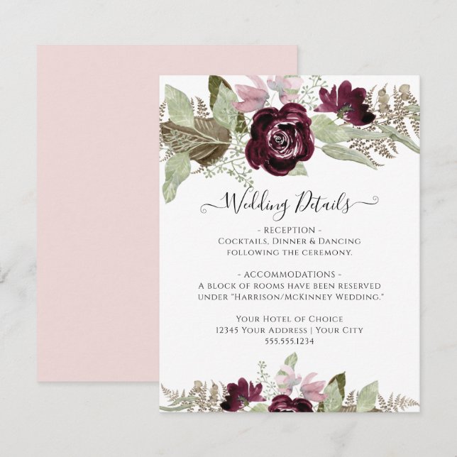 Burgundy Fall Floral Elegant Blush Wedding Details Invitation (Front/Back)