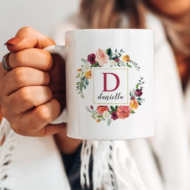 Burgundy Fall Floral Gold Frame Monogram Coffee Mug (Creator Uploaded)