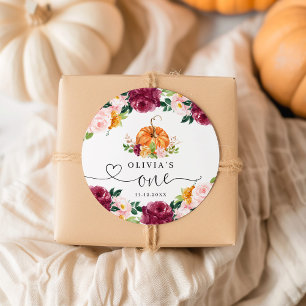Burgundy fall floral Little pumpkin 1st birthday Classic Round Sticker