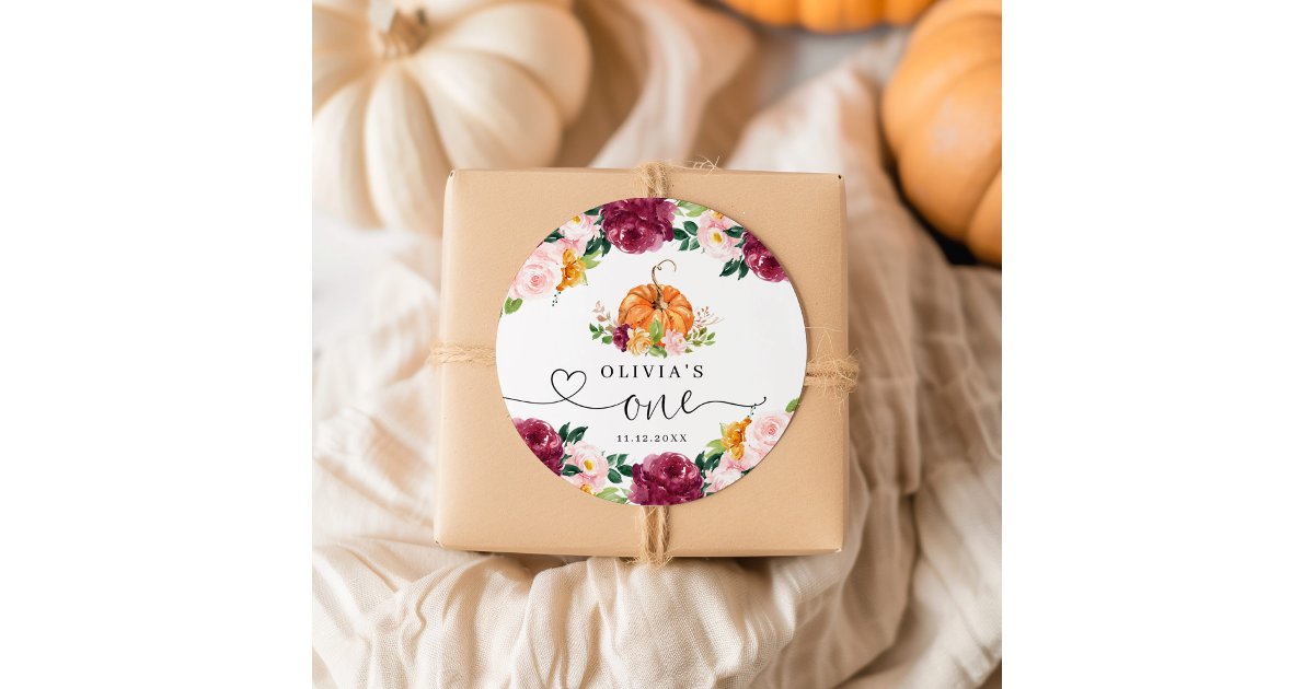 Burgundy fall floral Little pumpkin 1st birthday Classic Round Sticker ...