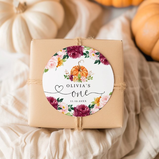 Burgundy fall floral Little pumpkin 1st birthday Classic Round Sticker (Creator Uploaded)