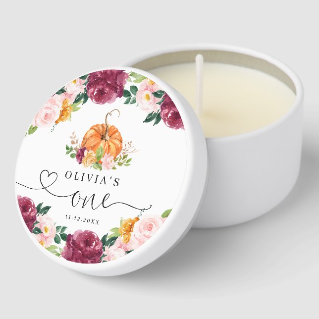 Burgundy fall floral Little pumpkin 1st birthday Mini Candle Favors (Corner)