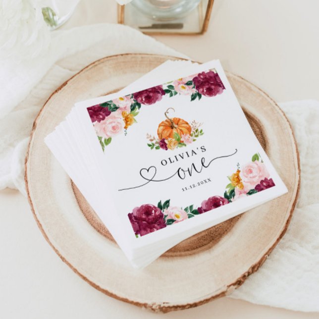 Burgundy fall floral Little pumpkin 1st birthday Napkins (Creator Uploaded)