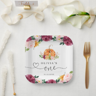 Burgundy fall floral Little pumpkin 1st birthday Paper Plates