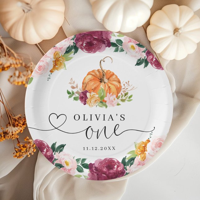 Burgundy fall floral Little pumpkin 1st birthday Paper Plates (Creator Uploaded)
