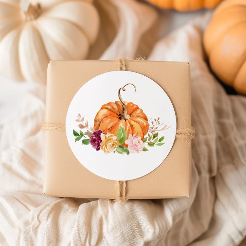 Burgundy fall floral Little pumpkin Classic Round Sticker