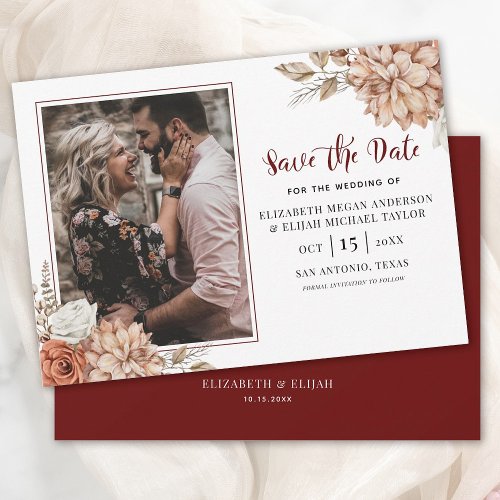 Burgundy Fall Floral Photo Wedding Save the Date Invitation