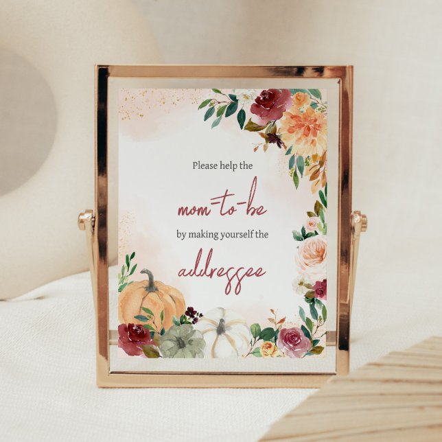 Burgundy Fall Floral Pumpkin Envelope Station Poster (Fall Floral Pumpkin Baby Shower Envelope Station Sign)