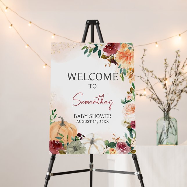 Burgundy Fall Floral Pumpkin Welcome Sign (In Situ (Stand))