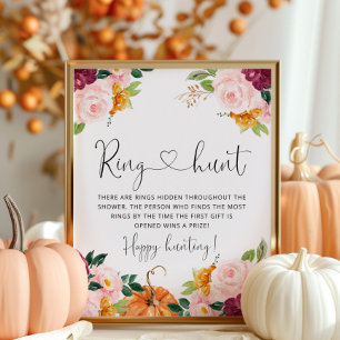 Burgundy fall floral ring hunt bridal shower game poster