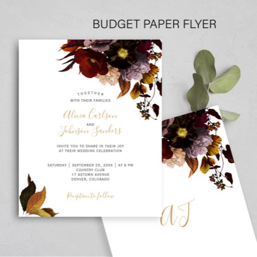 Burgundy fall floral rustic BUDGET wedding invite Flyer