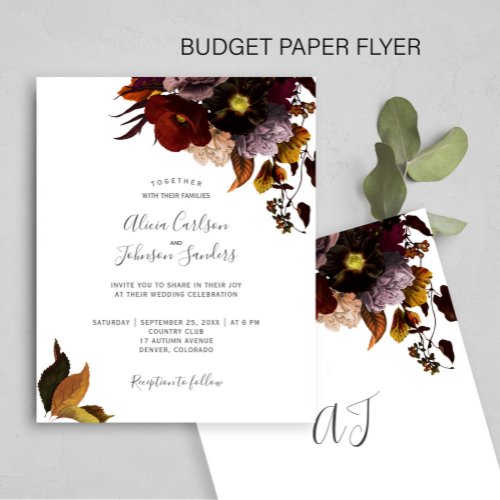 Burgundy fall floral rustic BUDGET wedding invite Flyer