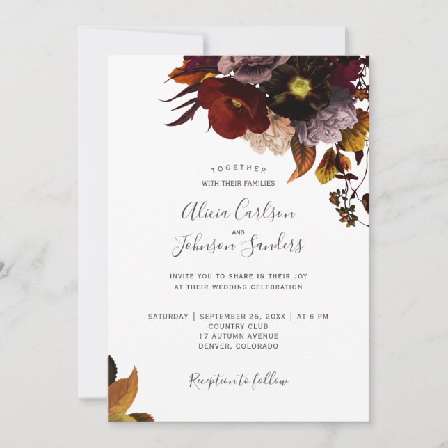 Burgundy fall floral rustic elegant script wedding invitation (Front)