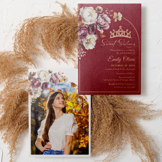Burgundy Fall Floral Sweet 16 Photo Real Foil Invitation (Creator Uploaded)