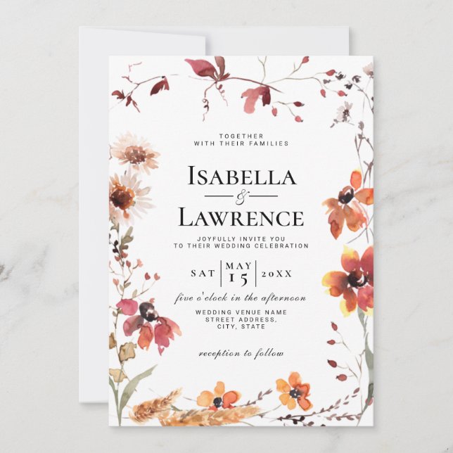 Burgundy Fall Floral Watercolor Wildflower Wedding Invitation (Front)