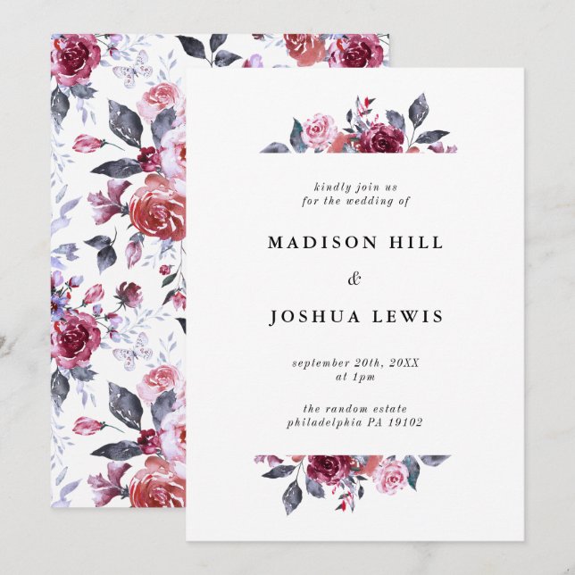 Burgundy Fall Floral Wedding Invitation (Front/Back)