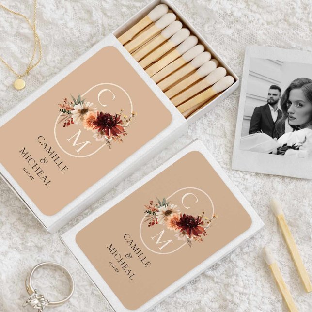 Burgundy Fall Floral Wedding Monogram Matchboxes (Fall Burgundy Floral Monogram Wedding Matchbox Favors)