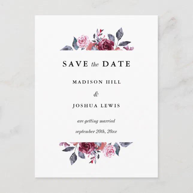 Burgundy Fall Floral Wedding Save The Date Postcard | Zazzle