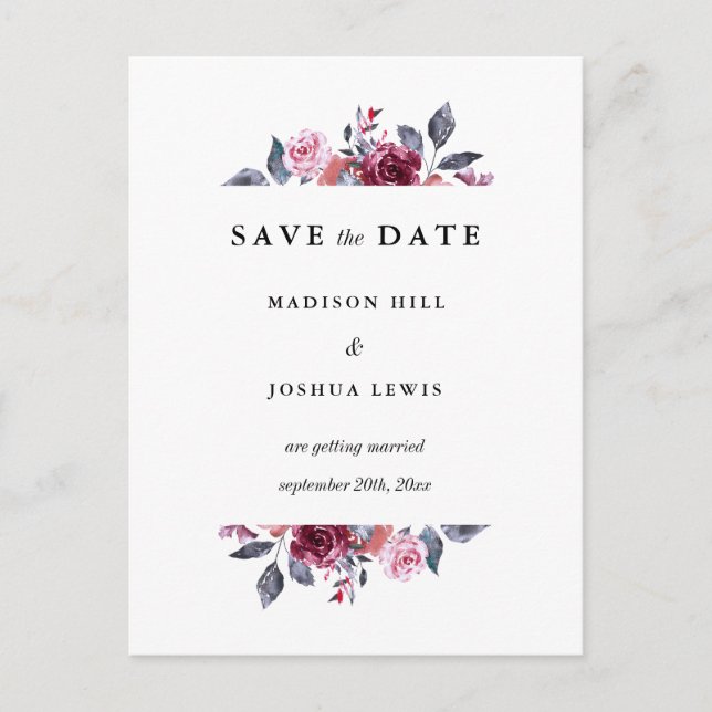 Burgundy Fall Floral Wedding Save The Date Postcard (Front)