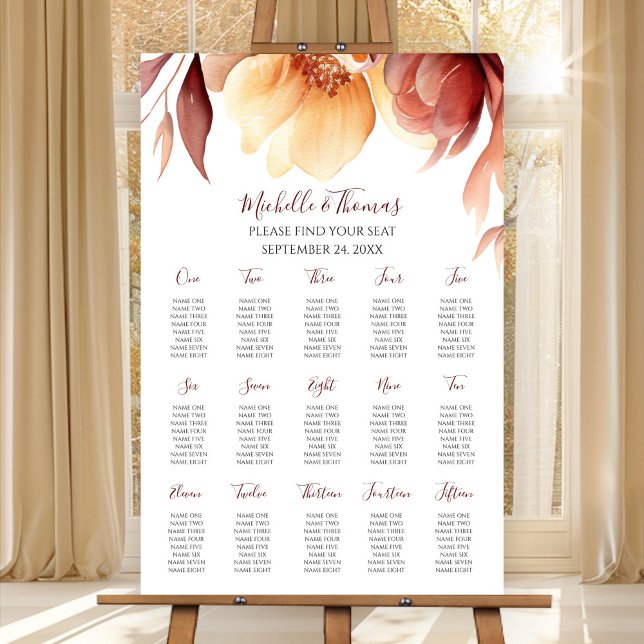 Burgundy Fall Floral Wedding Seating Chart Foam Board (Creator Uploaded)