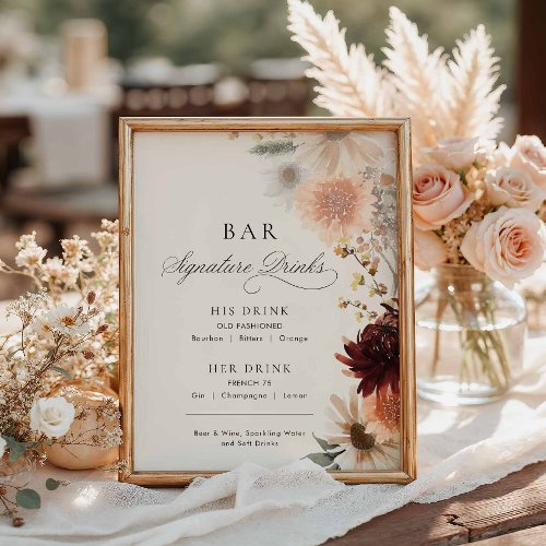 Burgundy Fall Floral Wedding Signature Bar Menu Poster